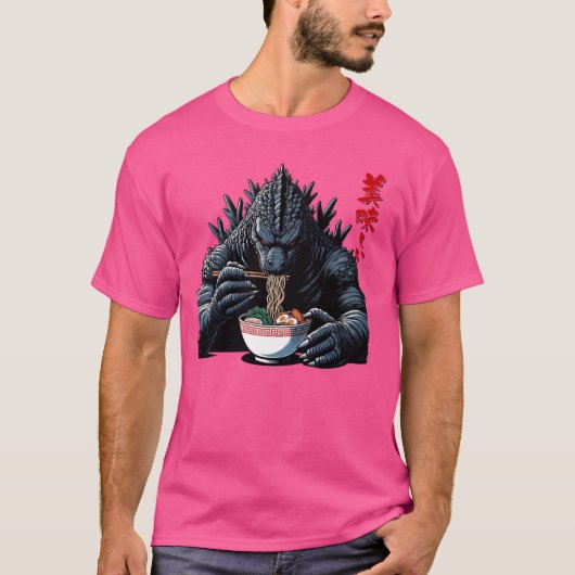 Kaiju Eten Ramen Oishi Grappig Japans Monster Lo T-shirt (Voorkant)