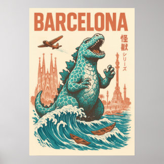 Kaiju Invasion Barcelona – Vintage Sci-Fi Art Poster