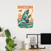 Kaiju Invasion Barcelona – Vintage Sci-Fi Art Poster (Thuiskantoor)