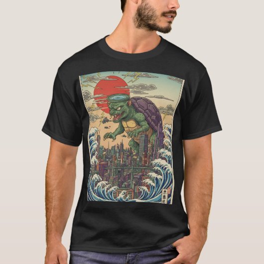 Kaiju Turtle Over Tokyo Sunset T-shirt (Voorkant)
