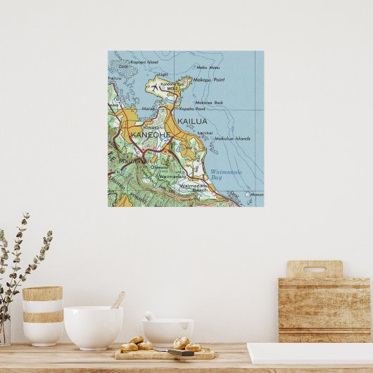 Kailua en Kaneohe Oahu  kaart Poster (Keuken)
