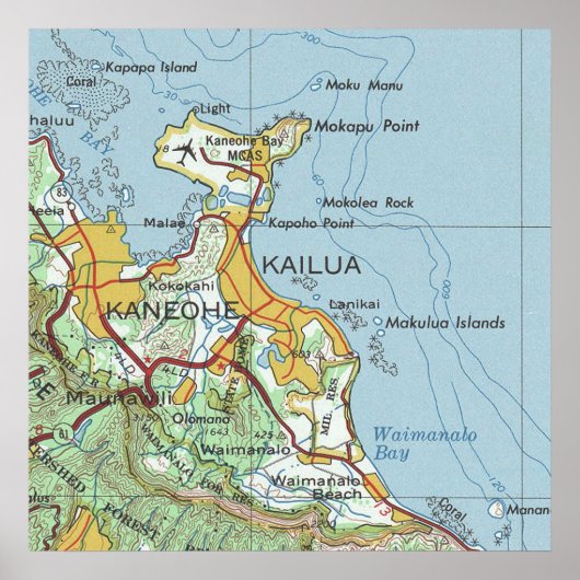 Kailua en Kaneohe Oahu  kaart Poster (Voorkant)