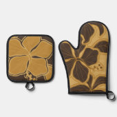 Kailua Hibiscus Hawaiian Floral Gold Brown Ovenwant & Pannenlap Set (Voorkant)