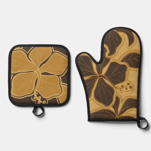 Kailua Hibiscus Hawaiian Floral Gold Brown Ovenwant & Pannenlap Set (Voorkant)