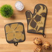Kailua Hibiscus Hawaiian Floral Gold Brown Ovenwant & Pannenlap Set (Top down)