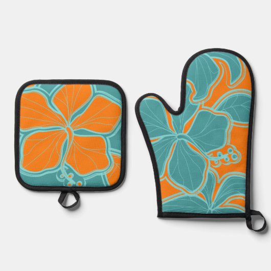 Kailua Hibiscus Hawaiian Floral Sinaasappel Blauwg Ovenwant & Pannenlap Set (Voorkant)
