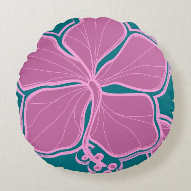 Kailua Hibiscus Hawaiian Reversible Floral Rond Kussen (Voorkant)