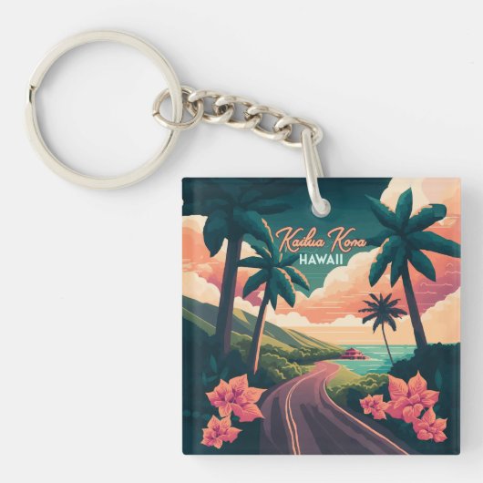 Kailua Kona Hawaii Big Island Sunset Retro Sleutelhanger (Voorkant)