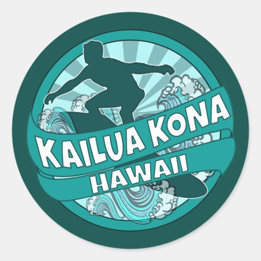 Kailua Kona Hawaii blauwgroen surfer logo stickers (Voorkant)