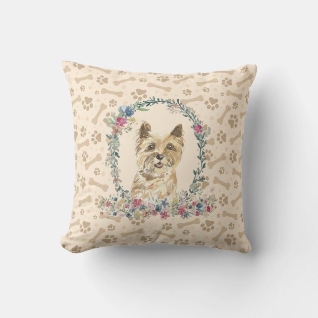 Kairn Terrier Dog Paw Print & Floral Cute Kussen (Voorkant)