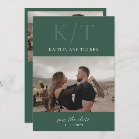 Kaitin Hunter Green Bold Monogram Elegante bruilof Save The Date (Voorkant / Achterkant)