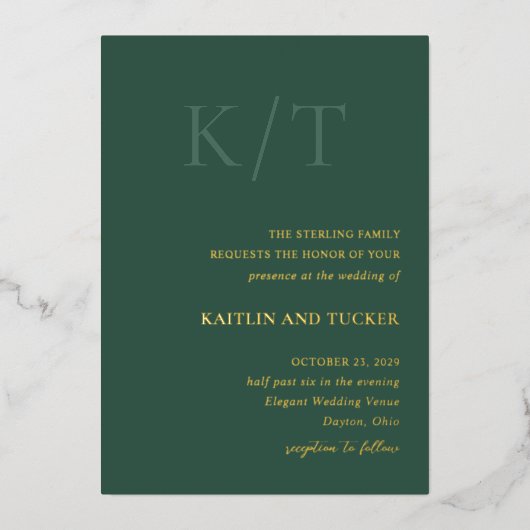 Kaitlin Hunter Green Bold Monogram Elegante bruilo Folie Uitnodiging (Voorkant)
