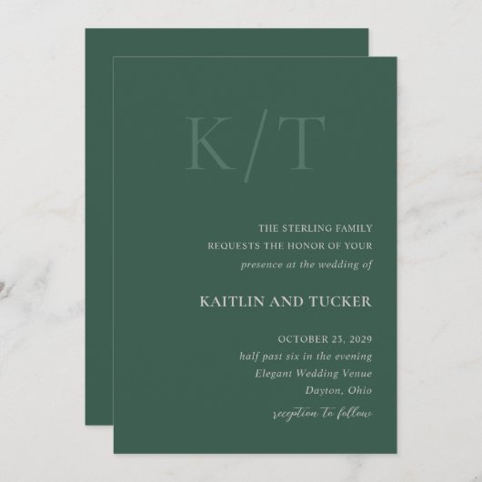 Kaitlin Hunter Green Bold Monogram Elegante bruilo Kaart (Voorkant / Achterkant)