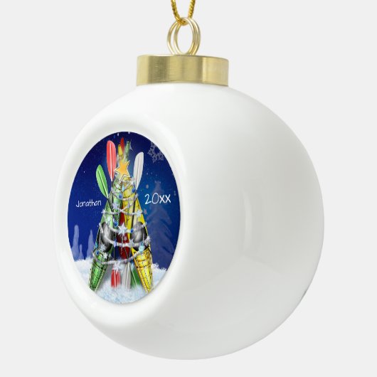 Kajak Kerstboom aangepaste naam en jaar Keramische Bal Ornament (Rechts)