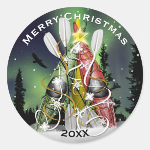 Kajak kerstboom onder de Aurora Borealis Ronde Sticker