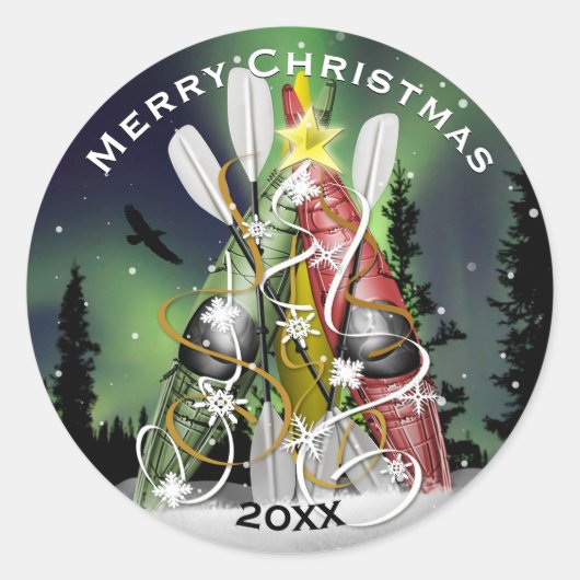 Kajak kerstboom onder de Aurora Borealis Ronde Sticker (Voorkant)