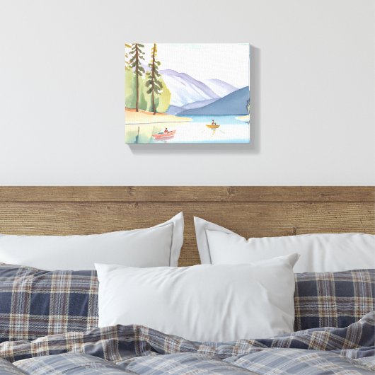 Kajakken op het meer | Landschappelijke Waterverf Canvas Afdruk (Insitu (Slaapkamer))