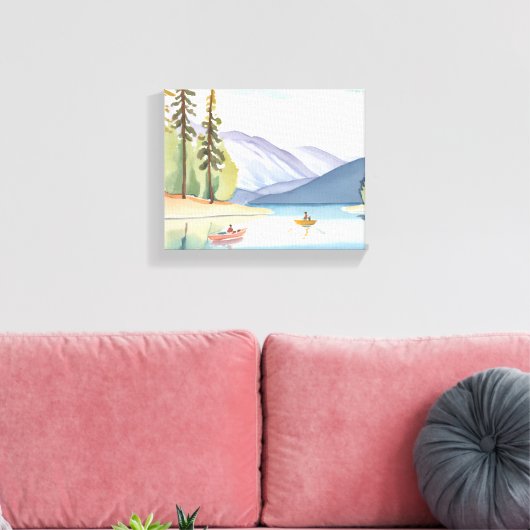 Kajakken op het meer | Landschappelijke Waterverf Canvas Afdruk (Insitu (Woonkamer))