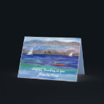 Kajakken Sailing Happy Birthday schoonzoon Kaart<br><div class="desc">Een gelukkige verjaardag voor een schoonzoon versierd met een waterverf schilderij van een persoon kajakken en zeilboten in de verte op een rustig meer met boombedekte bergtoppen in de verte en zacht blauw zomerse lucht. U kunt de tekst aanpassen aan uw behoeften.</div>