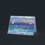 Kajakken Sailing Happy Birthday schoonzoon Kaart<br><div class="desc">Een gelukkige verjaardag voor een schoonzoon versierd met een waterverf schilderij van een persoon kajakken en zeilboten in de verte op een rustig meer met boombedekte bergtoppen in de verte en zacht blauw zomerse lucht. U kunt de tekst aanpassen aan uw behoeften.</div>