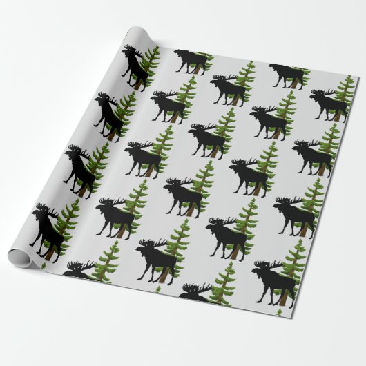 Kajuitstijl Moose en Pine Tree Patroon Cadeaupapier (Uitgerold)