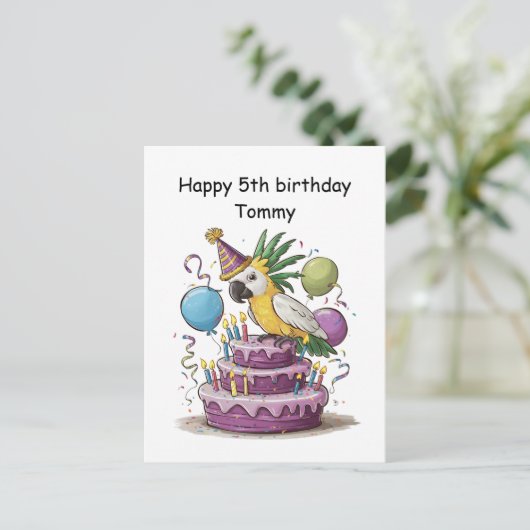 kaketoe op ballonnen op verjaardagstaart briefkaart (Staand voorkant)