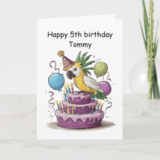 kaketoe op verjaardagstaart ballonnen kaart (Voorkant)