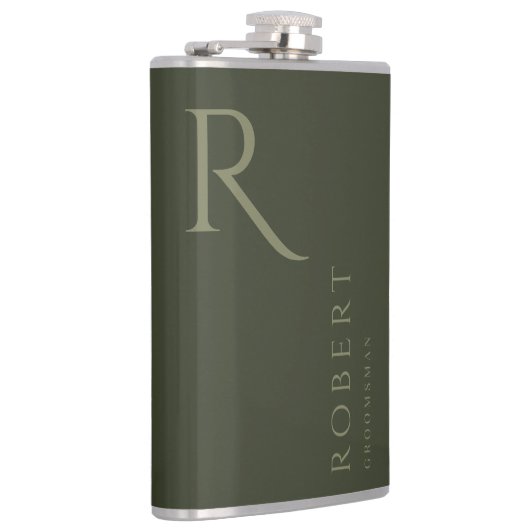 Kaki Groen Mannelijk Monogram Groomsmen Gift Heupfles (Rechts)