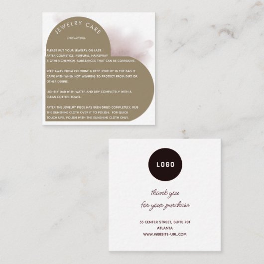 Kaki Hart Boog Sieraden Zorg Instructie Bedankt Vierkante Visitekaartje (Voorkant / Achterkant)