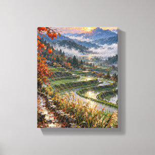 Kaki regen over jade terrassen Herfstlandschap Canvas Afdruk