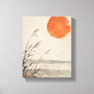 Kaki Zon boven Stille Riet Minimalistische Landsch Canvas Afdruk