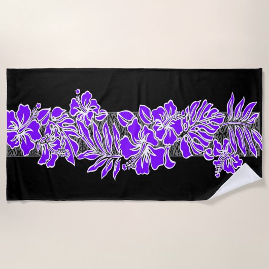 Kalaheo Hawaiian Hibiscus Floral Tapa - Paars Strandlaken (Voorkant)