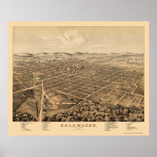 Kalamazoo, MI Panorama Map - 1874 Poster (Voorkant)