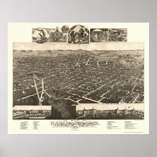 Kalamazoo, MI Panorama Map - 1883 Poster (Voorkant)
