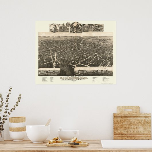 Kalamazoo, MI Panorama Map - 1883 Poster (Keuken)