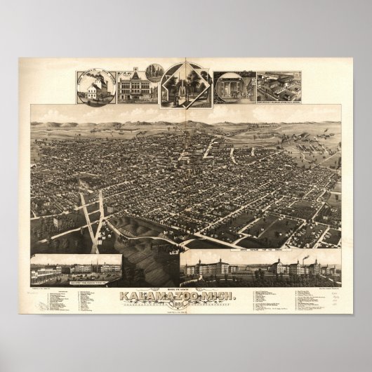Kalamazoo Michigan 1883 Antiek Panorama Poster (Voorkant)