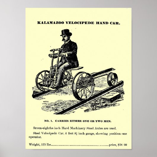 KALAMAZOO Velocipede Railroad Hand Car 1887 Poster (Voorkant)