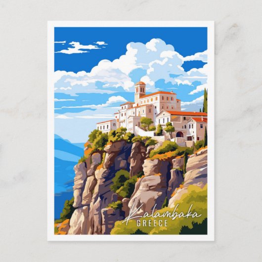Kalambaka Griekenland vintage reisillustratie Briefkaart (Voorkant)