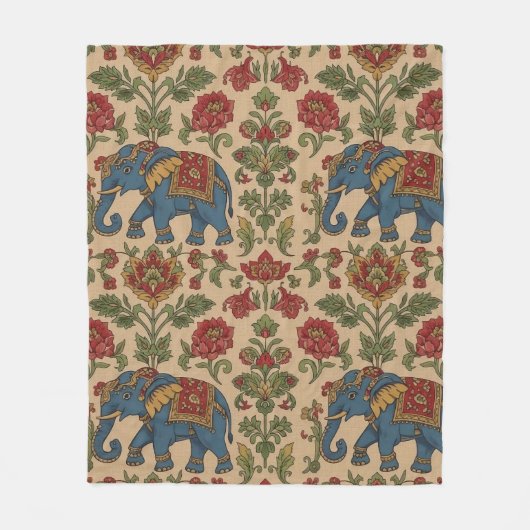 Kalamkari Floral Elephant – Traditional Indian Fol Fleece Deken (Voorkant)