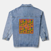 Kalamkari Kleurrijke Bloemen Gele Achtergrond Groe Denim Jacket (Achterkant)