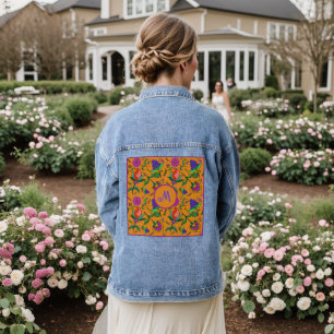 Kalamkari Kleurrijke Bloemen Gele Achtergrond Groe Denim Jacket