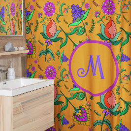 Kalamkari Kleurrijke Bloemen Gele Achtergrond Groe Douchegordijn