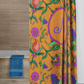 Kalamkari Kleurrijke Bloemen Gele Achtergrond Groe Douchegordijn