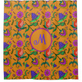 Kalamkari Kleurrijke Bloemen Gele Achtergrond Groe Douchegordijn (Voorkant)