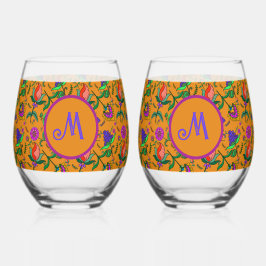 Kalamkari Kleurrijke Bloemen Gele Achtergrond Groe Wijnglas Zonder Voet