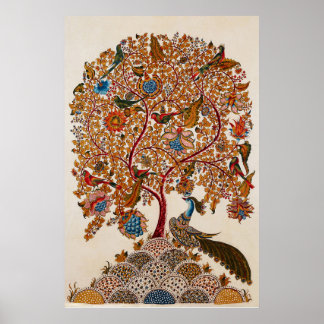  Kalamkari levensboom met pauw Poster
