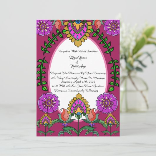 Kalamkari Trouwbloemen Kaart (Staand voorkant)