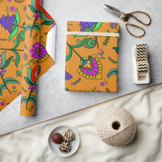 Kalamkari Verjaardag Bloemen Kleurrijk Geel Cadeaupapier (Crafts)