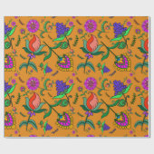 Kalamkari Verjaardag Bloemen Kleurrijk Geel Cadeaupapier (Vlak)