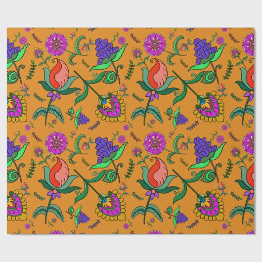 Kalamkari Verjaardag Bloemen Kleurrijk Geel Cadeaupapier (Vlak)